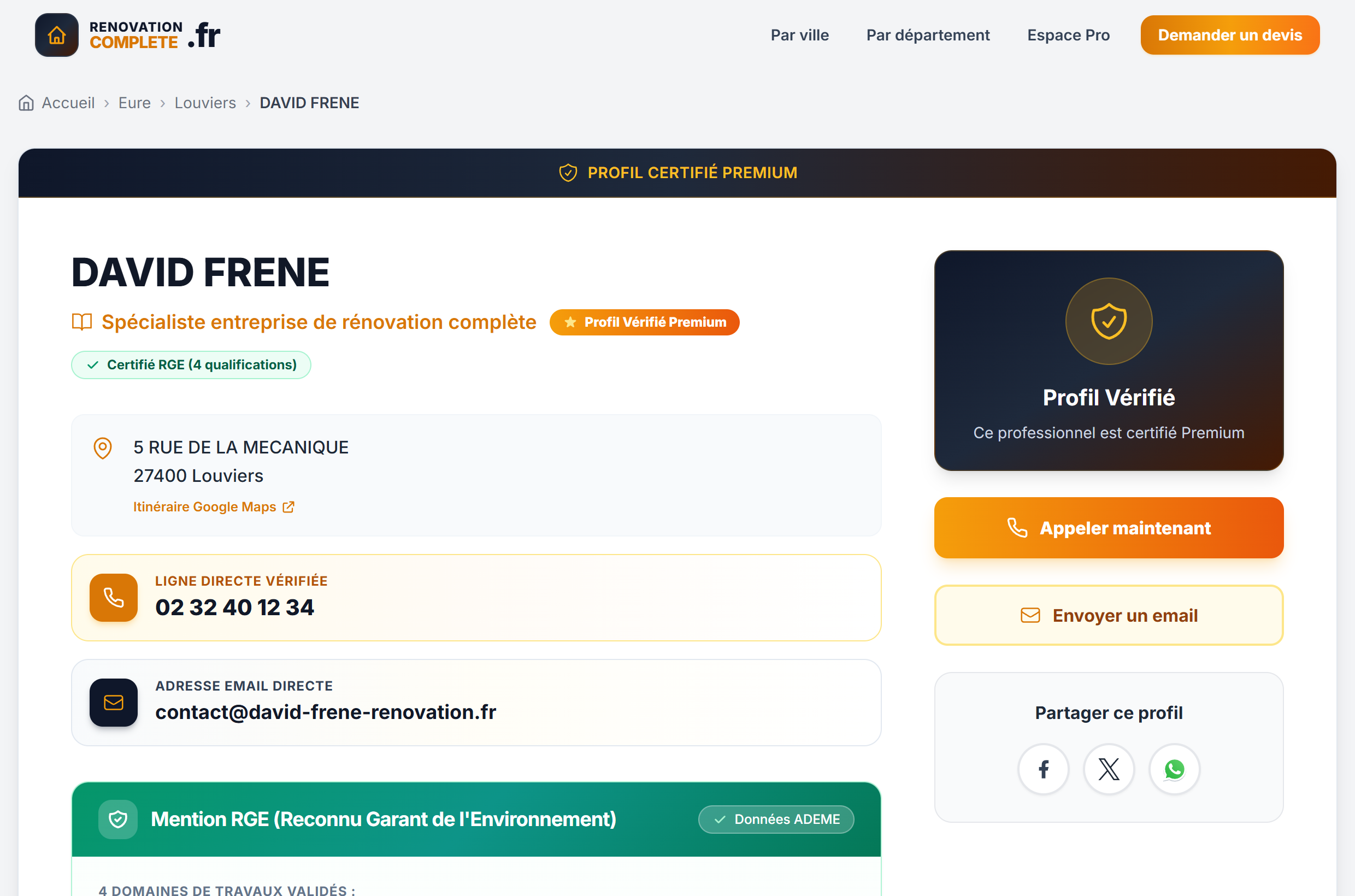 Vue ordinateur de la fiche entreprise certifiée Premium