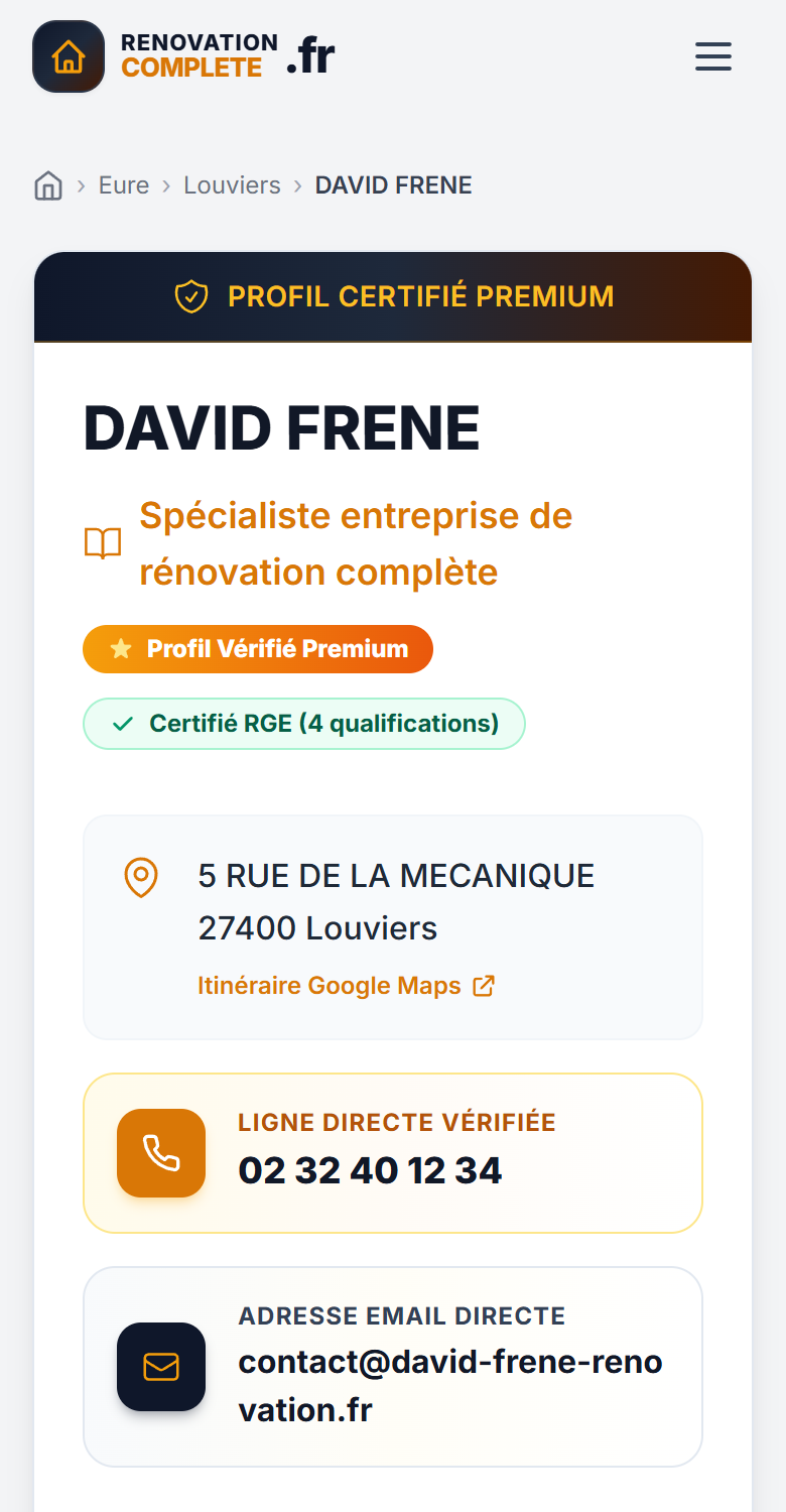 Capture mobile de la fiche entreprise certifiée Premium avec coordonnées directes