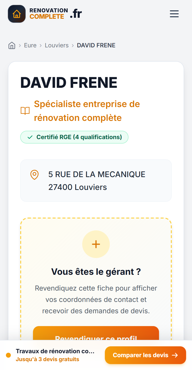 Capture mobile de la fiche entreprise non revendiquée